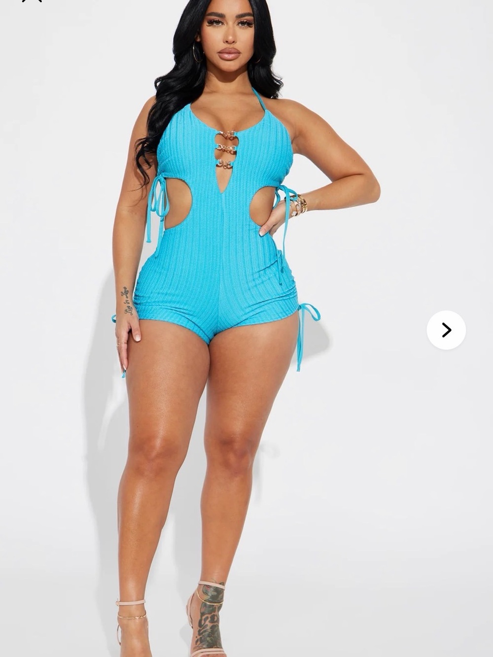 Fashion Nova Turquoise Ribbed Cutout Halter Romper